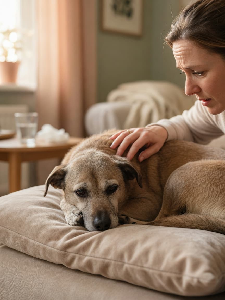 A tired, lethargic dog resting on a soft cushion with an owner's caring hand on its head, showing signs of illness and low energy