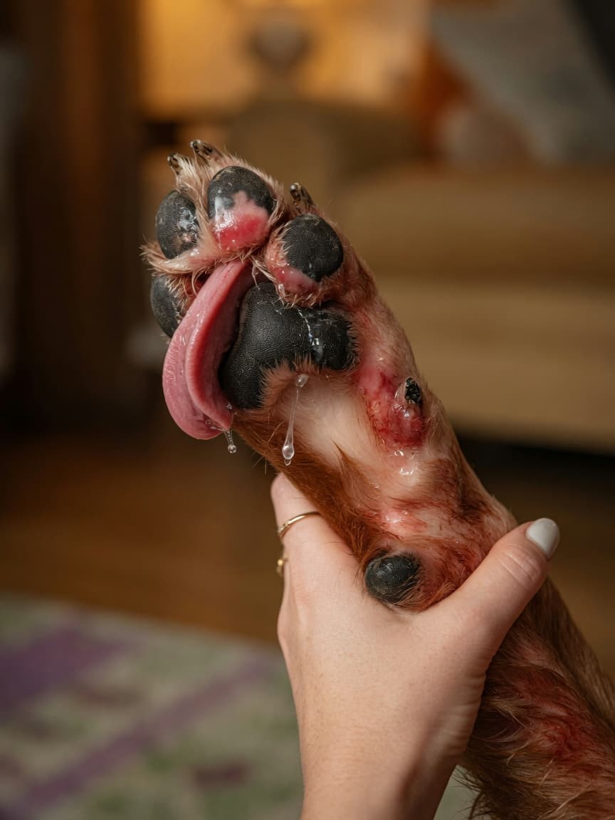 Close-up of a dog's paw showing redness and swelling between the toes from excessive licking, with a concerned owner's hand visible