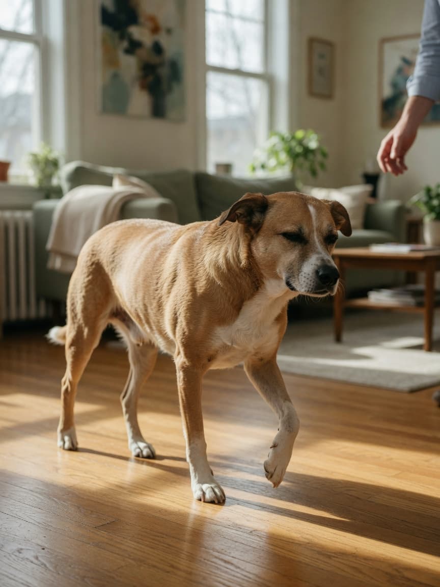 Dog limping on front leg in a sunlit living room, shifting weight away from injured limb