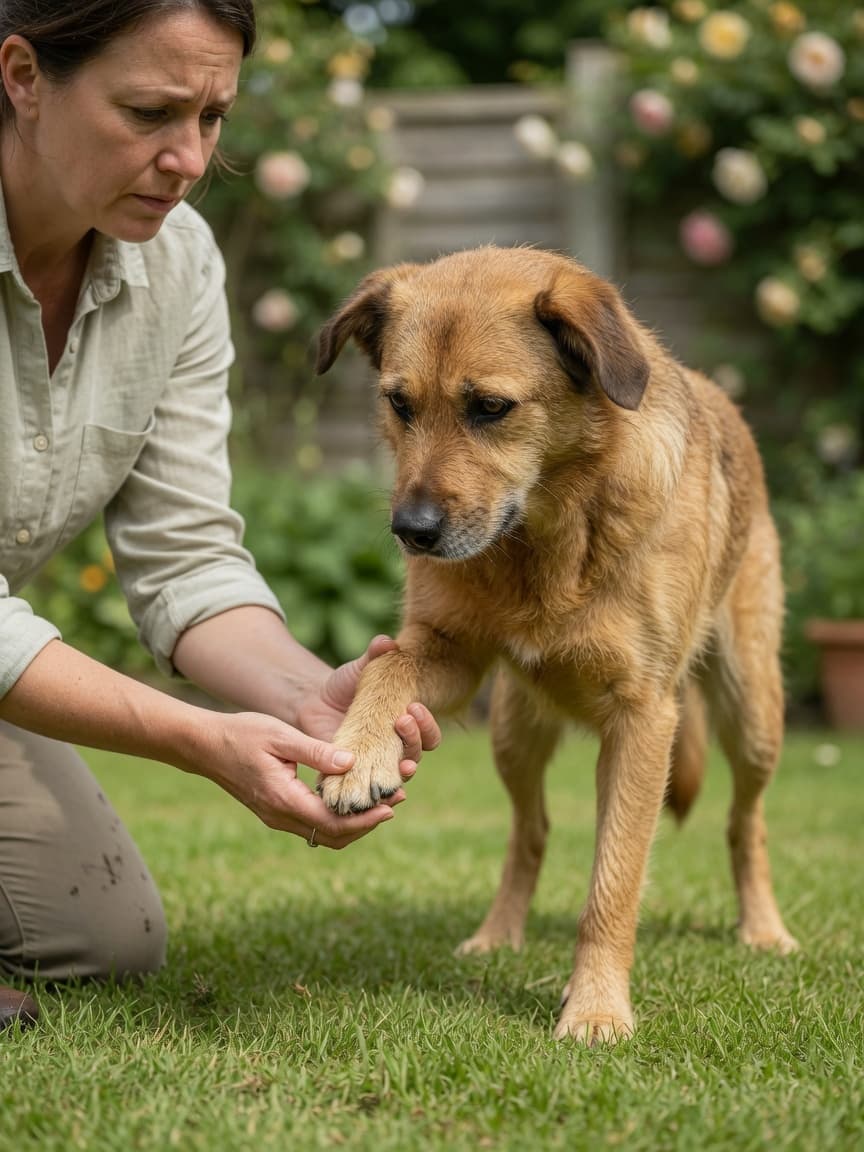 Dog with visible limp being examined by owner in garden setting