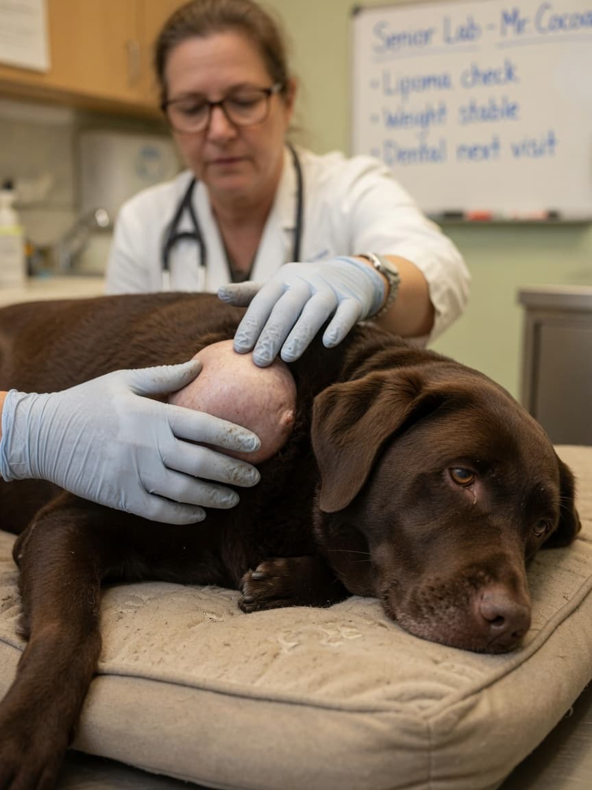 Veterinarian examining a fatty lump on a senior Labrador's shoulder during a clinical examination