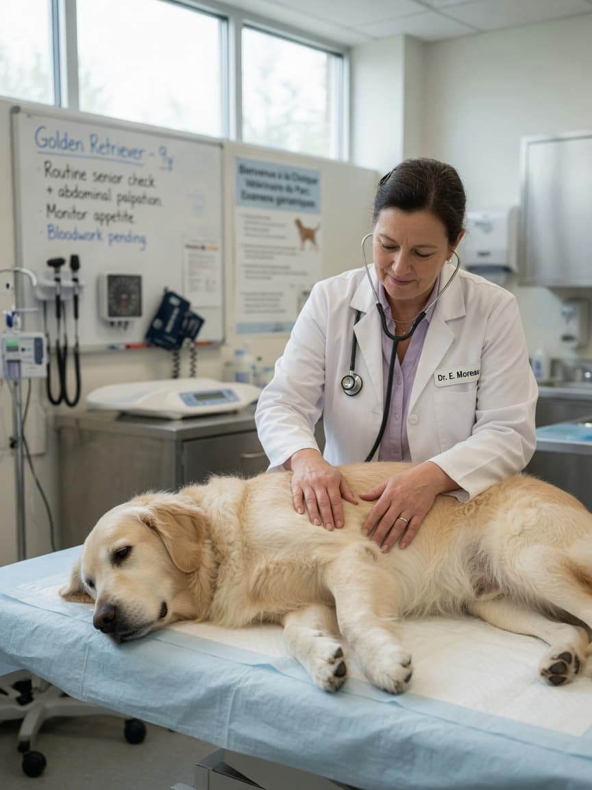 Golden Retriever undergoing abdominal examination by veterinarian in clinic