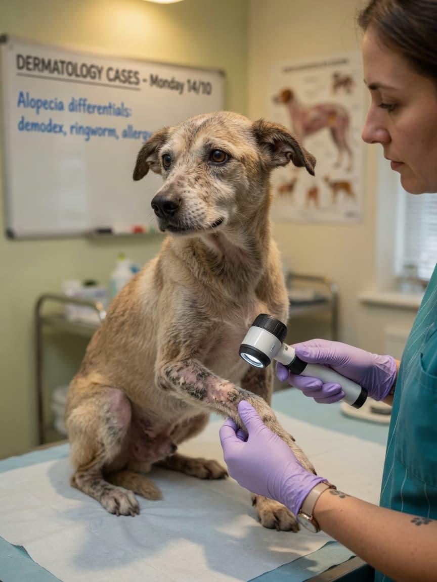 Veterinarian examining patchy hair loss on a dog's face and foreleg during a clinical examination