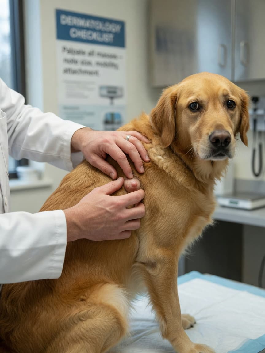 Veterinarian examining a dog's skin lump during a clinical examination