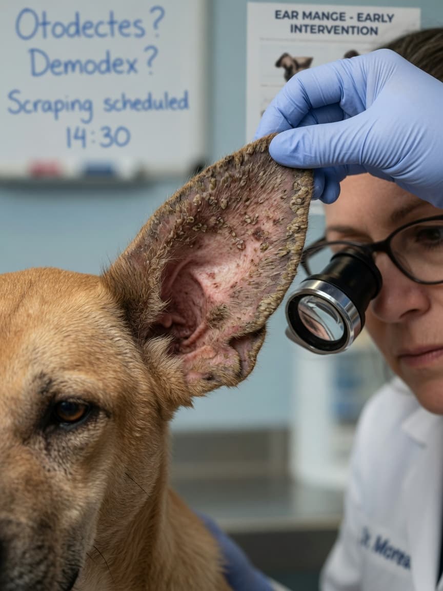 Veterinarian examining a dog's crusted, thickened ear margins showing signs of mange using a dermatological examination tool