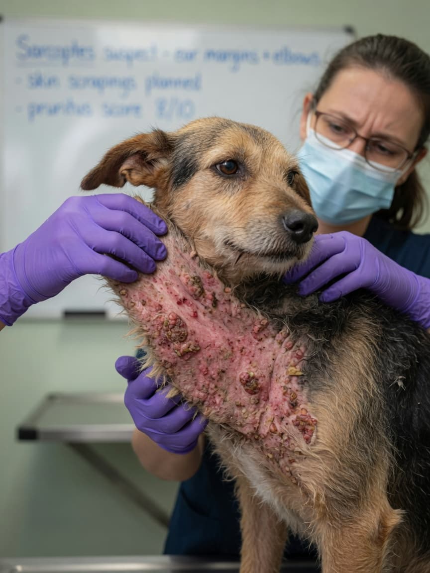 Veterinarian examining a dog's inflamed skin with crusting and hair loss on the ear margins and elbow during a sarcoptic mange diagnosis