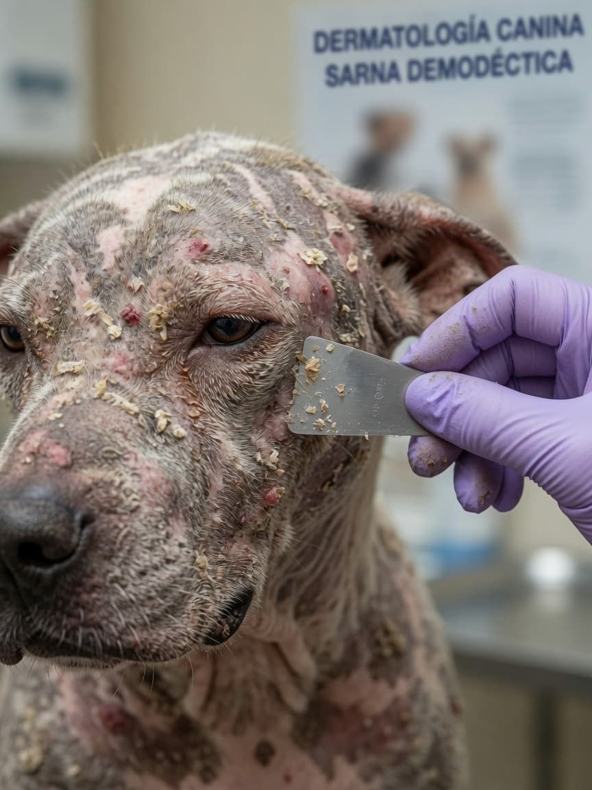 Veterinarian examining a dog's skin with mange during a dermatological examination with a scraper tool