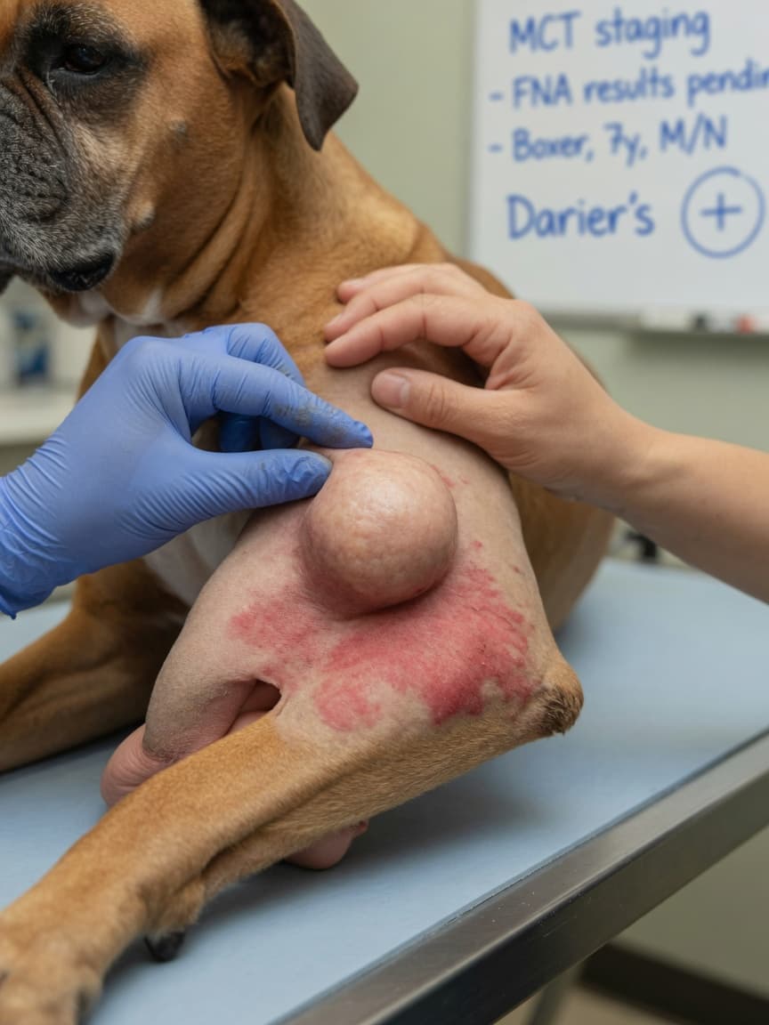 Veterinarian examining a mast cell tumour on a Boxer dog's leg during clinical assessment