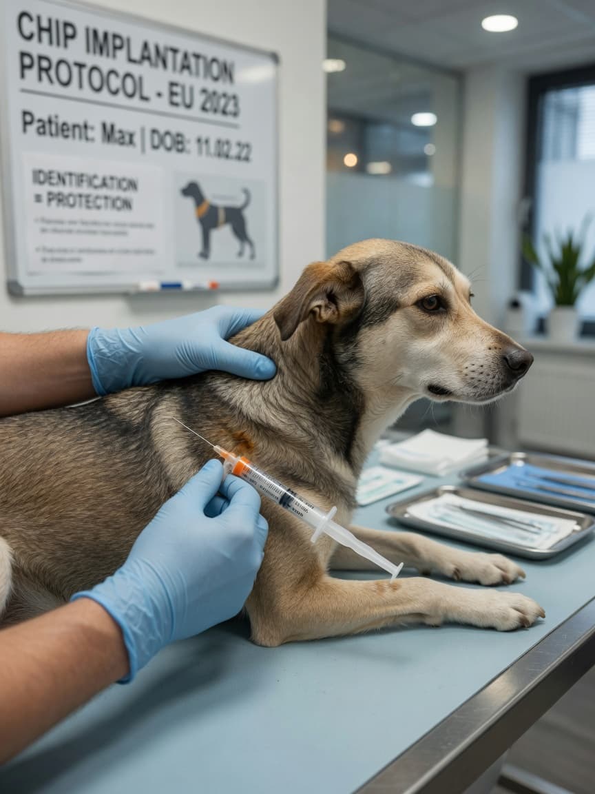 Veterinarian performing microchip implantation on a dog at a European veterinary clinic