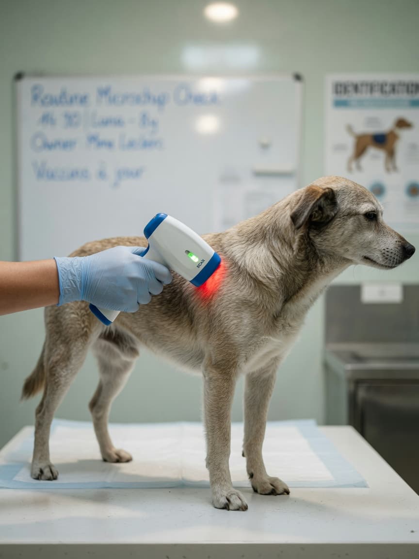 Veterinarian scanning a dog's microchip with a handheld scanner during a clinical examination