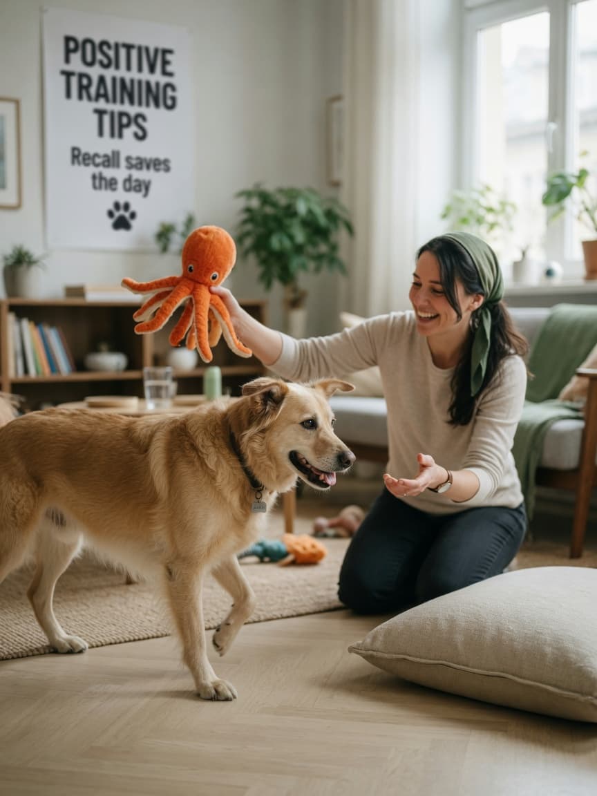 Owner calmly redirecting a dog away from mounting behavior using positive recall training