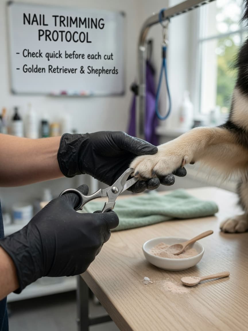 Close-up of a groomer's hands using scissor-style clippers to trim a dog's nail on a grooming table with styptic powder nearby