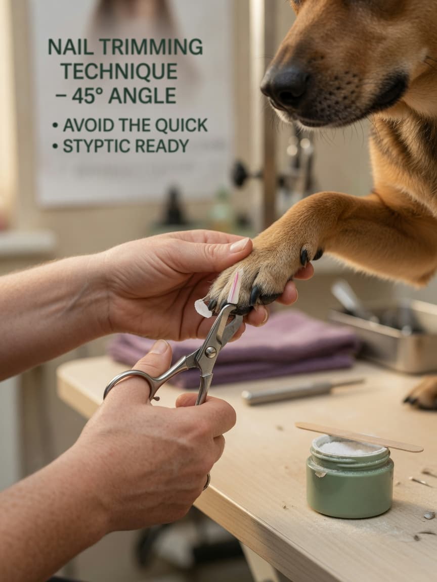 Groomer holding dog paw with nail clippers positioned at 45-degree angle, with visible pink quick in light-colored nail and styptic powder nearby