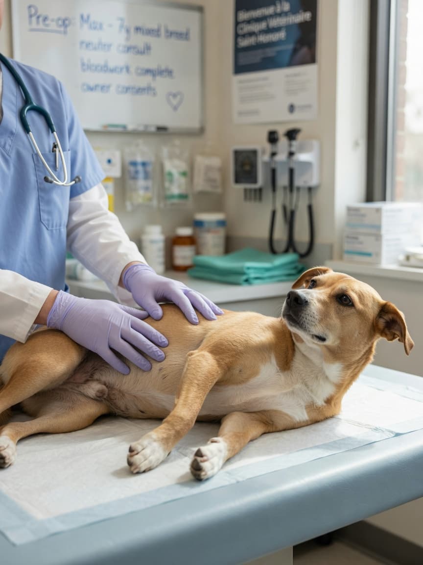 Veterinarian examining a calm male dog on an examination table before neutering consultation
