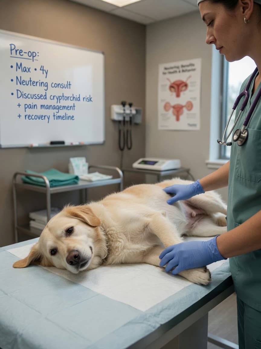 Veterinarian consulting with dog during pre-operative examination