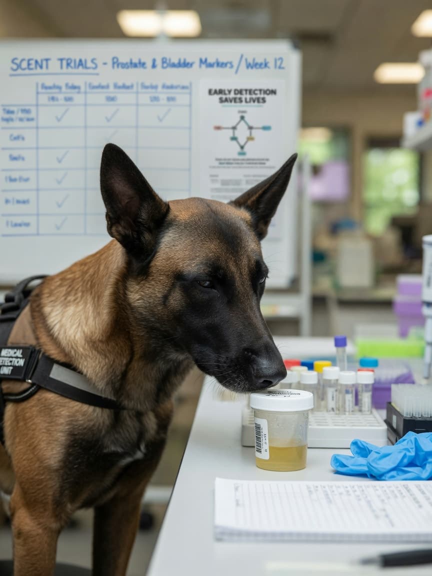 A trained detection dog sniffing a medical sample container on a laboratory bench, demonstrating canine disease detection capability