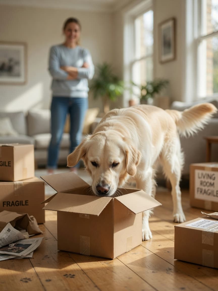Golden Retriever performing scent work, nose to ground searching cardboard boxes indoors with handler observing