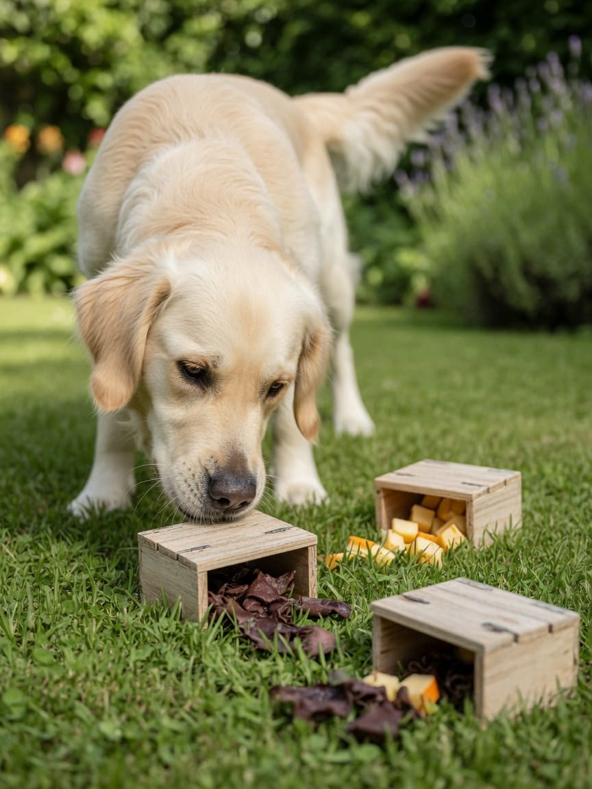 Golden Retriever actively searching and sniffing at hidden treats under wooden boxes in a garden during nose work training
