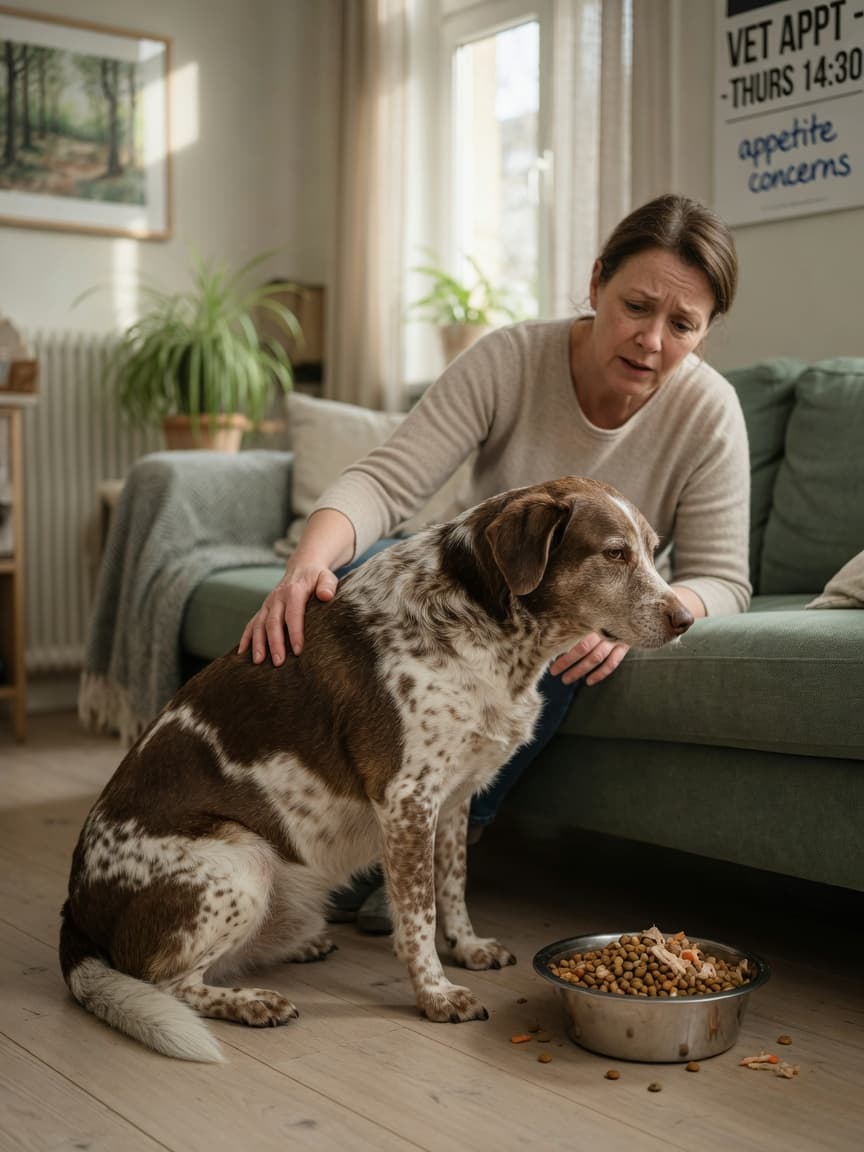 Dog owner concerned about their dog not eating, sitting beside their disinterested dog next to a full food bowl