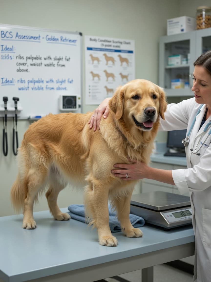 Veterinarian assessing body condition score of overweight Golden Retriever on examination table