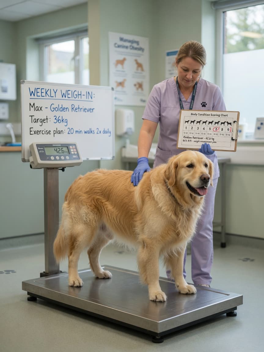 Overweight golden retriever being weighed by veterinary nurse at a modern clinic on a veterinary scale