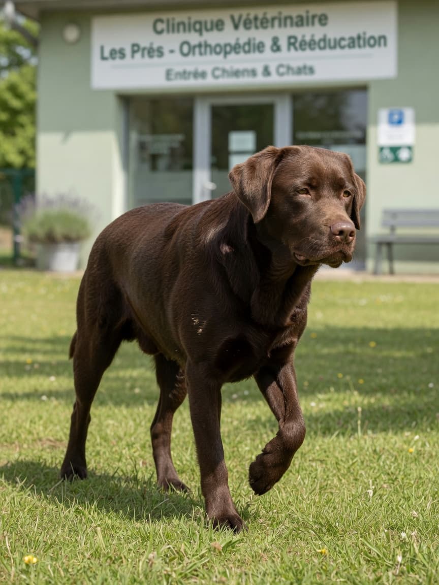 Young chocolate Labrador Retriever limping on front leg due to osteochondrosis, showing discomfort in shoulder joint