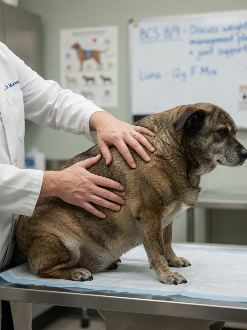 Veterinarian's hands performing a body condition score assessment on an overweight dog during a vet examination
