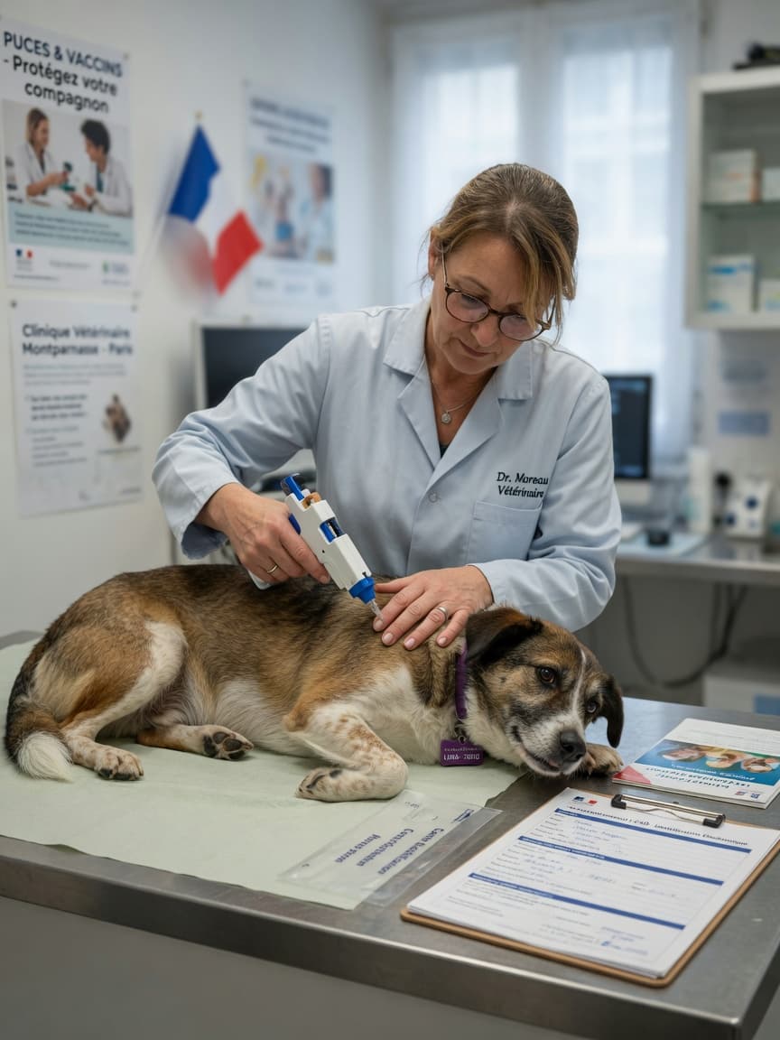 French veterinarian microchipping a dog during identification procedure in a modern clinic