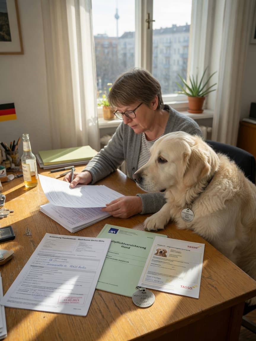 German dog owner reviewing Hundesteuer tax and liability insurance documents at home with their Golden Retriever