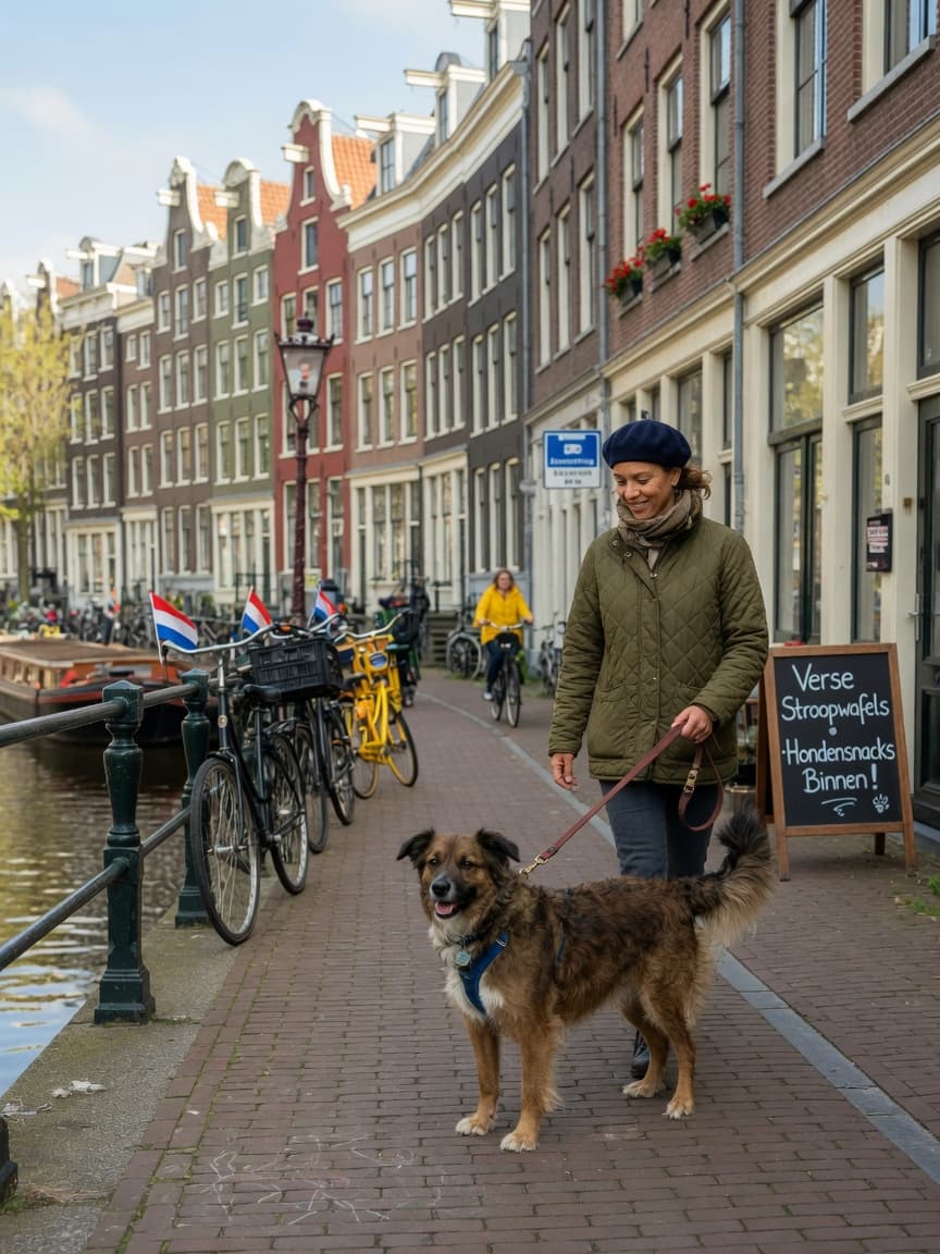 Dog owner and dog walking on-lead through an Amsterdam street with traditional Dutch architecture and bicycle paths visible