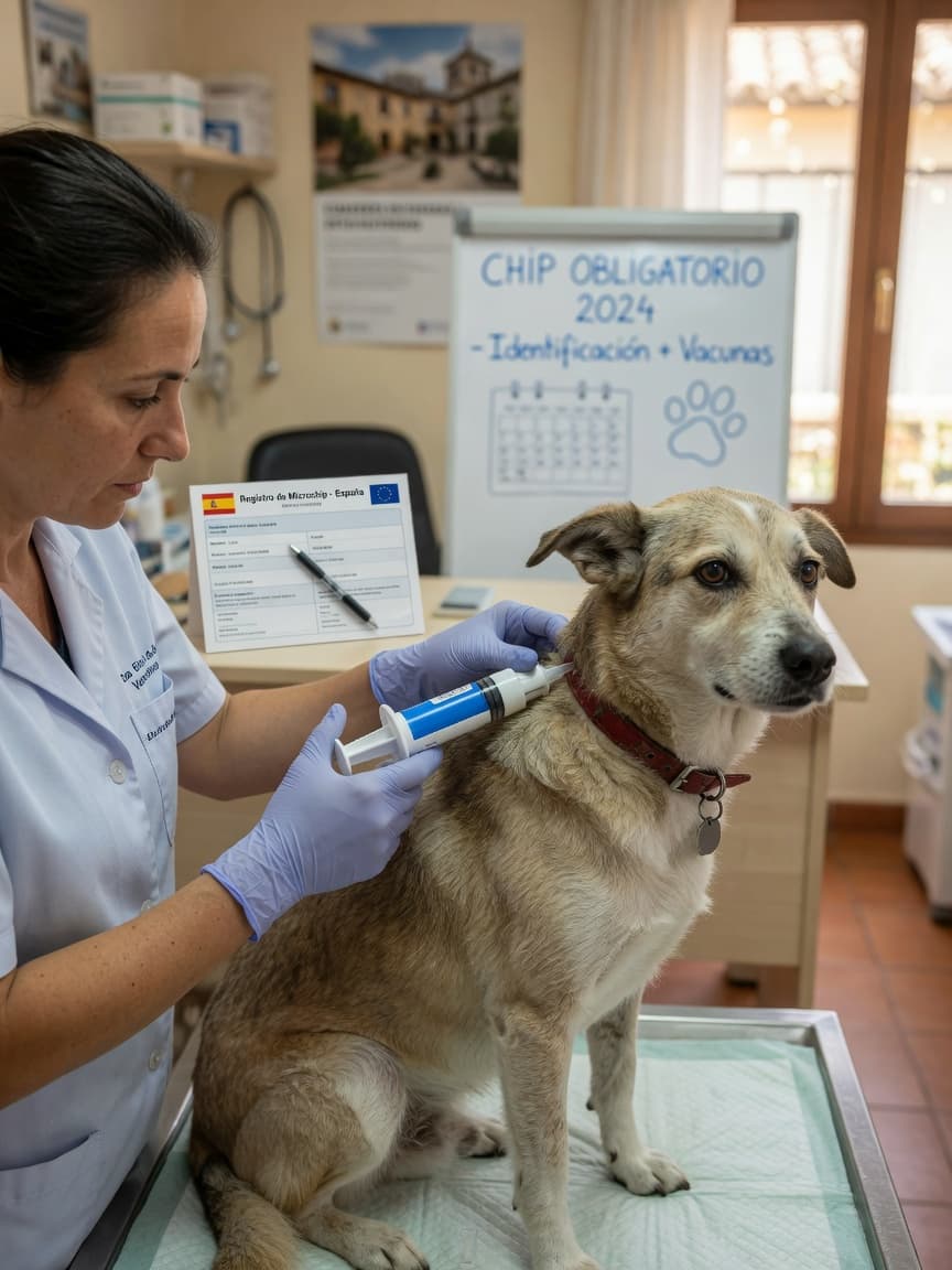 Spanish veterinarian implanting a microchip into a dog's neck in a bright modern clinic