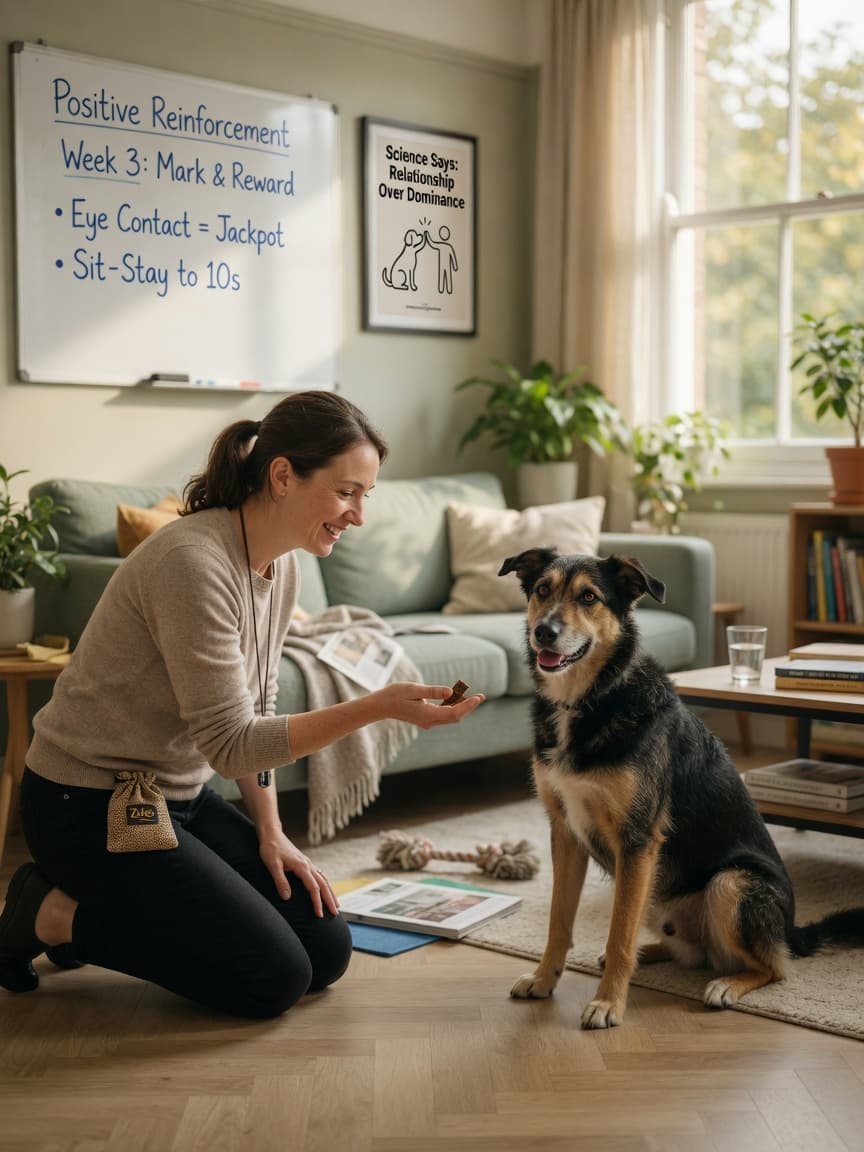 A dog trainer demonstrating positive reinforcement training with a dog making eye contact, showing cooperative rather than dominance-based interaction.