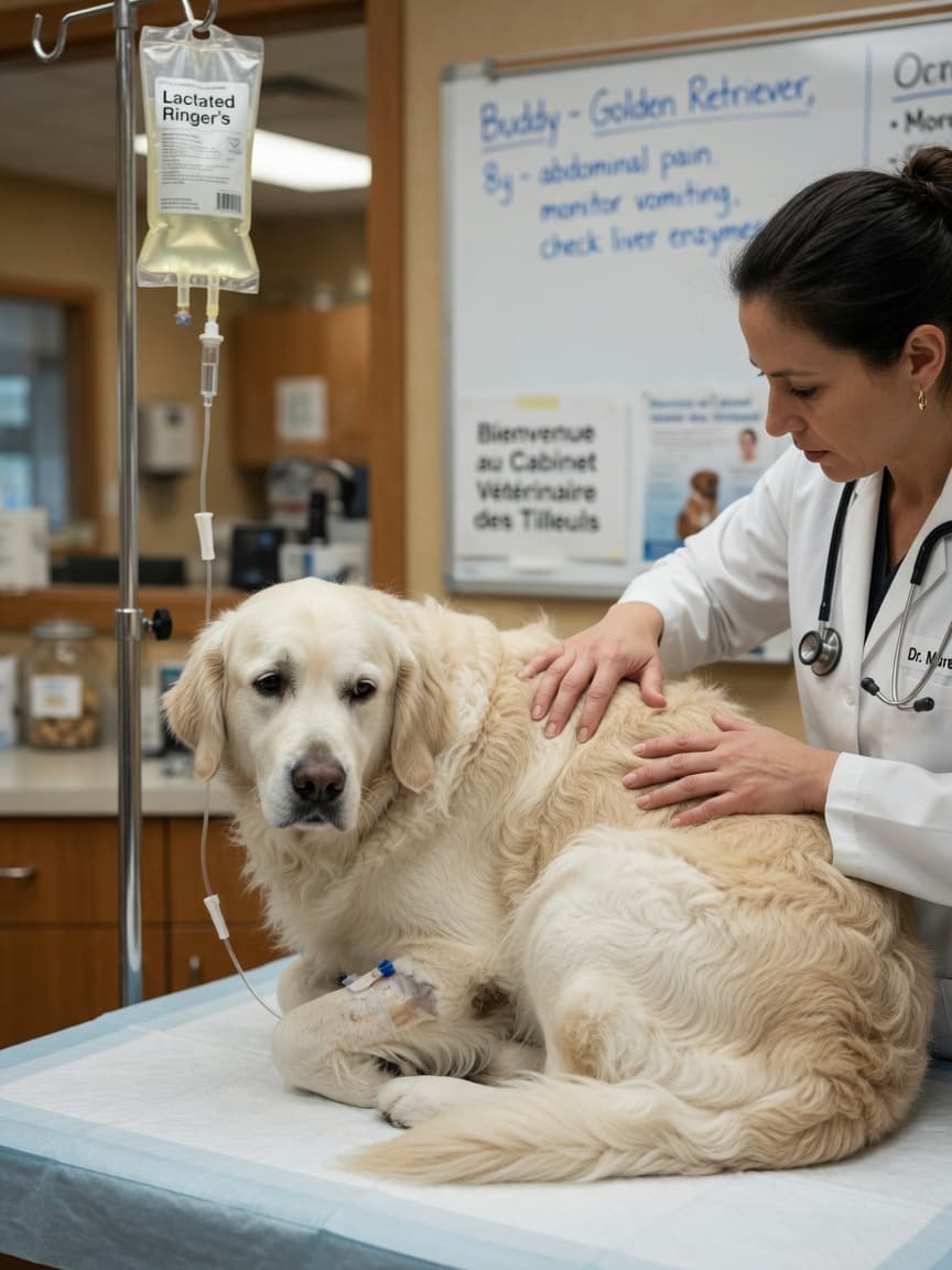 Golden Retriever receiving abdominal examination from veterinarian on exam table with IV fluids visible