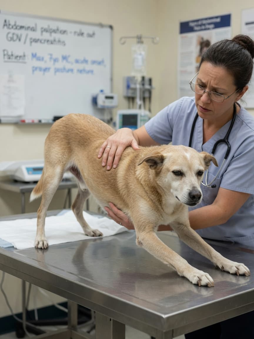 Dog in pain demonstrating the characteristic prayer position during veterinary examination for pancreatitis