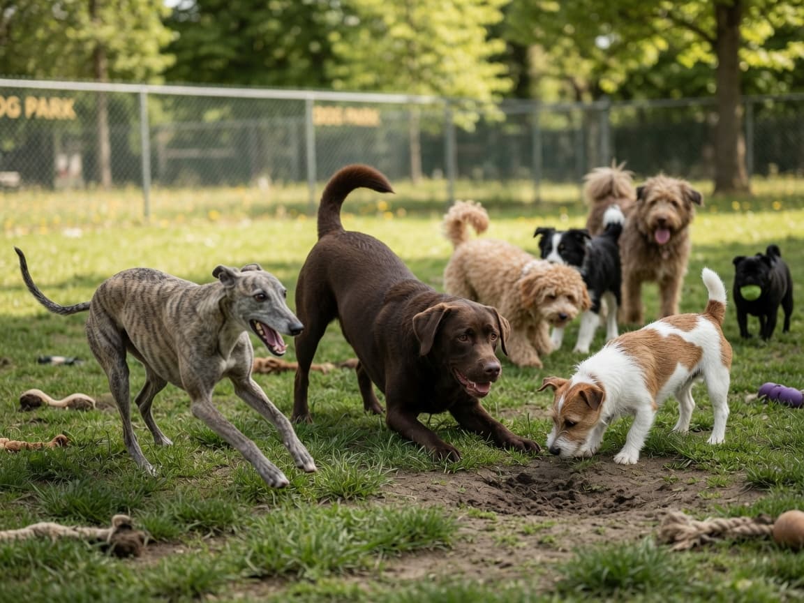 Dogs of different sizes playing together in a sunny, fenced dog park