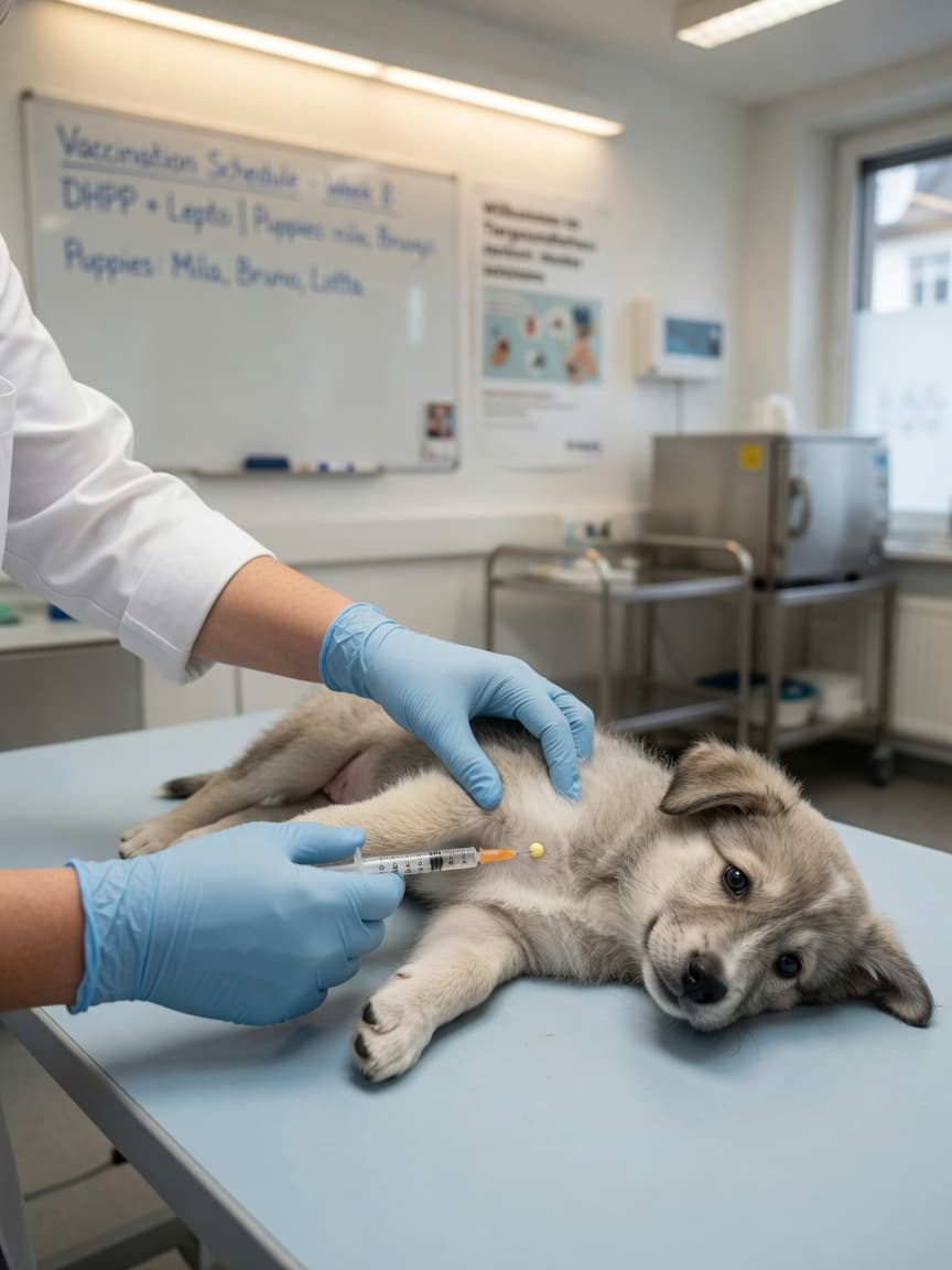 Veterinarian vaccinating a young puppy against parvovirus in a modern clinic