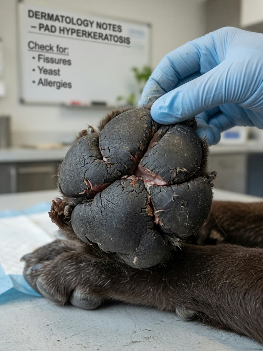 Close-up of a dog's cracked and damaged paw pad being examined by a veterinarian's gloved hands