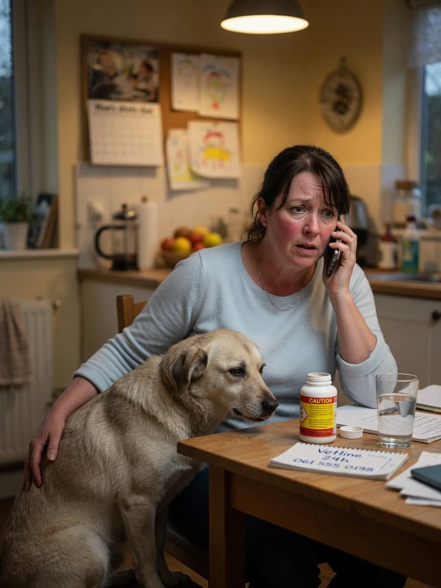 Anxious dog owner on phone with veterinarian, dog nearby, household chemical on table