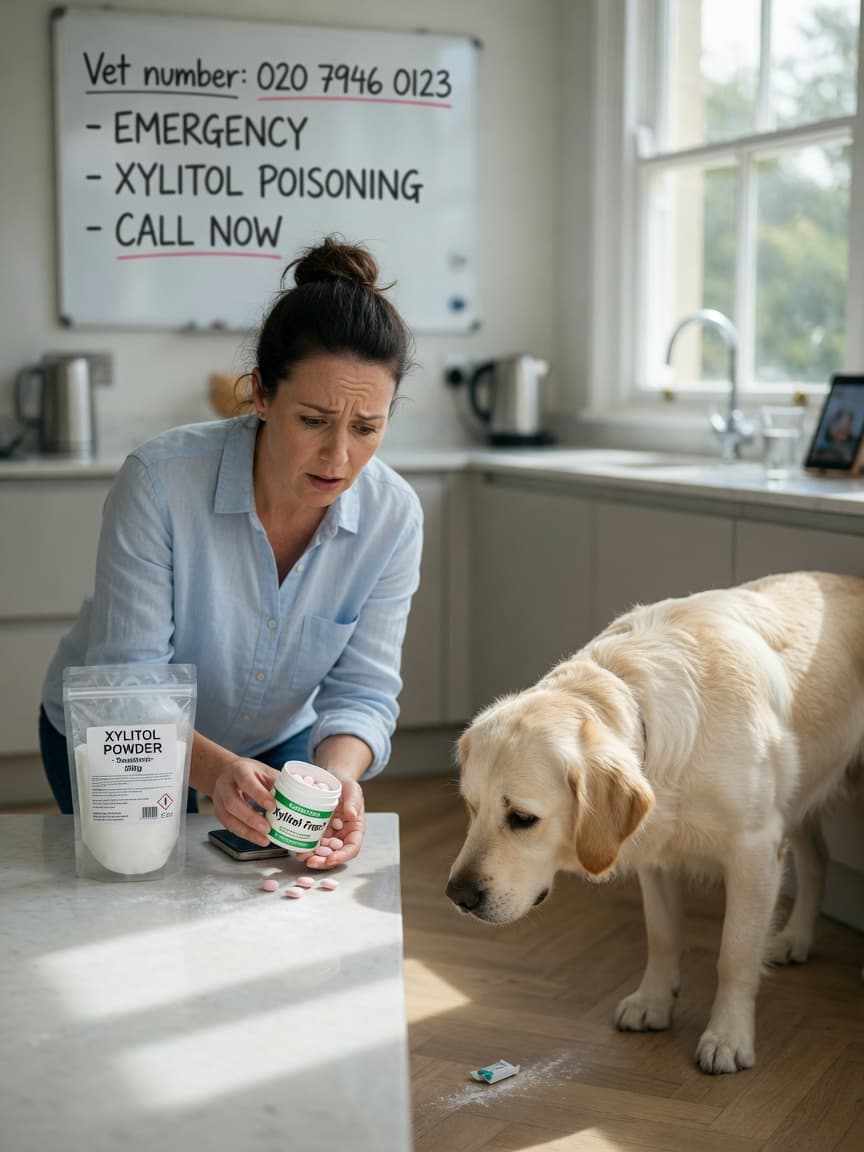 Dog owner discovers xylitol and chewing gum in kitchen as curious dog sniffs the floor nearby