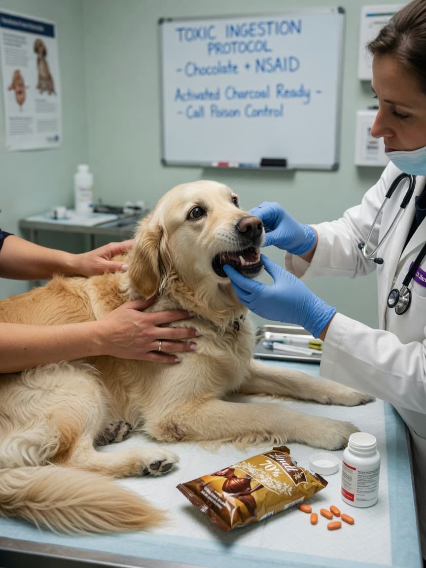 Distressed golden retriever at vet clinic during emergency examination with poisoning symptoms being assessed
