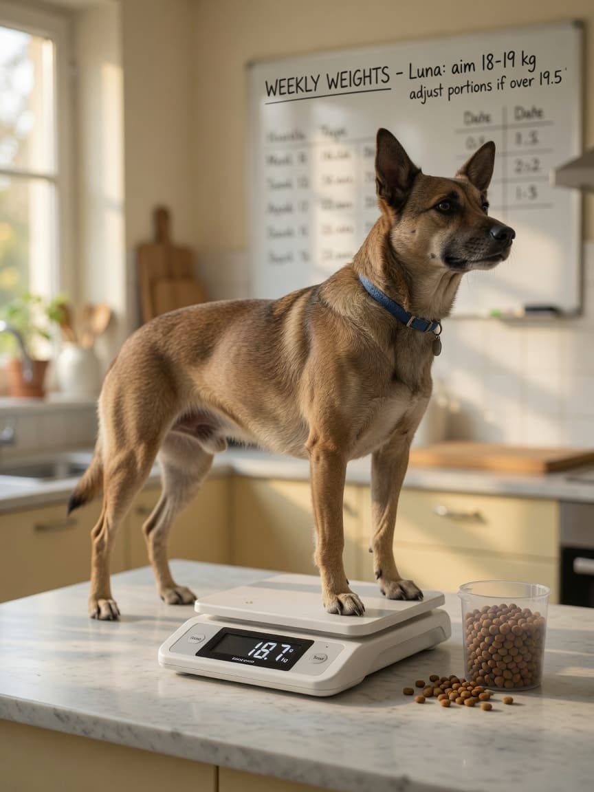 A dog standing on a kitchen scale during a portion control and weight management session in a home kitchen