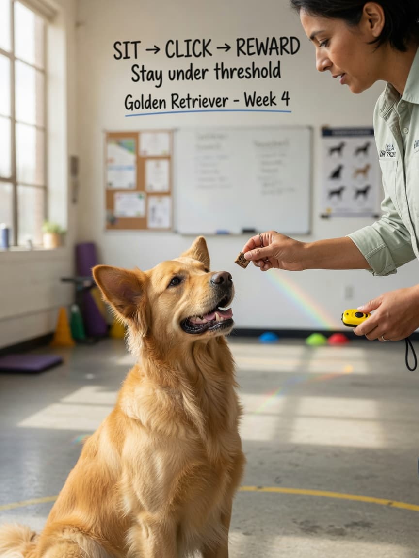 Professional dog trainer rewarding a golden retriever during positive reinforcement training with a clicker and treat