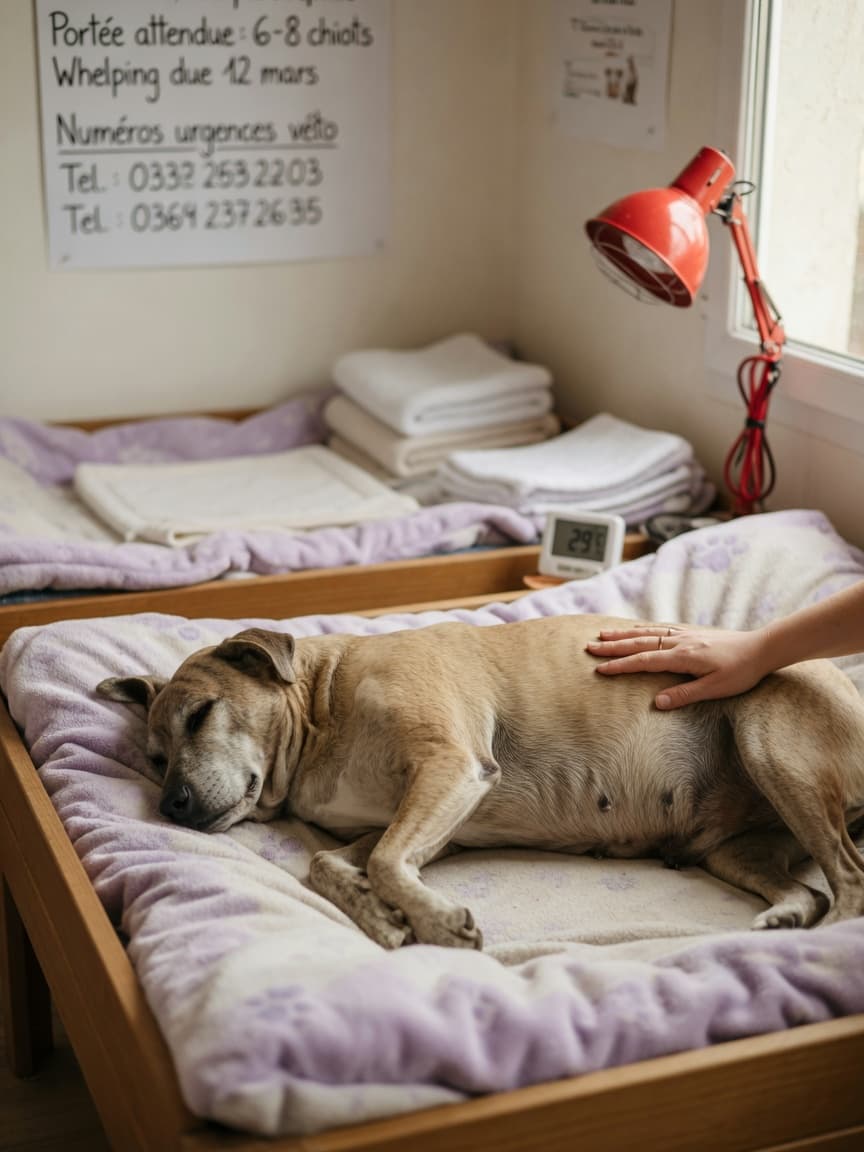 Pregnant dog resting in whelping box with owner's hand on her side, warm lighting