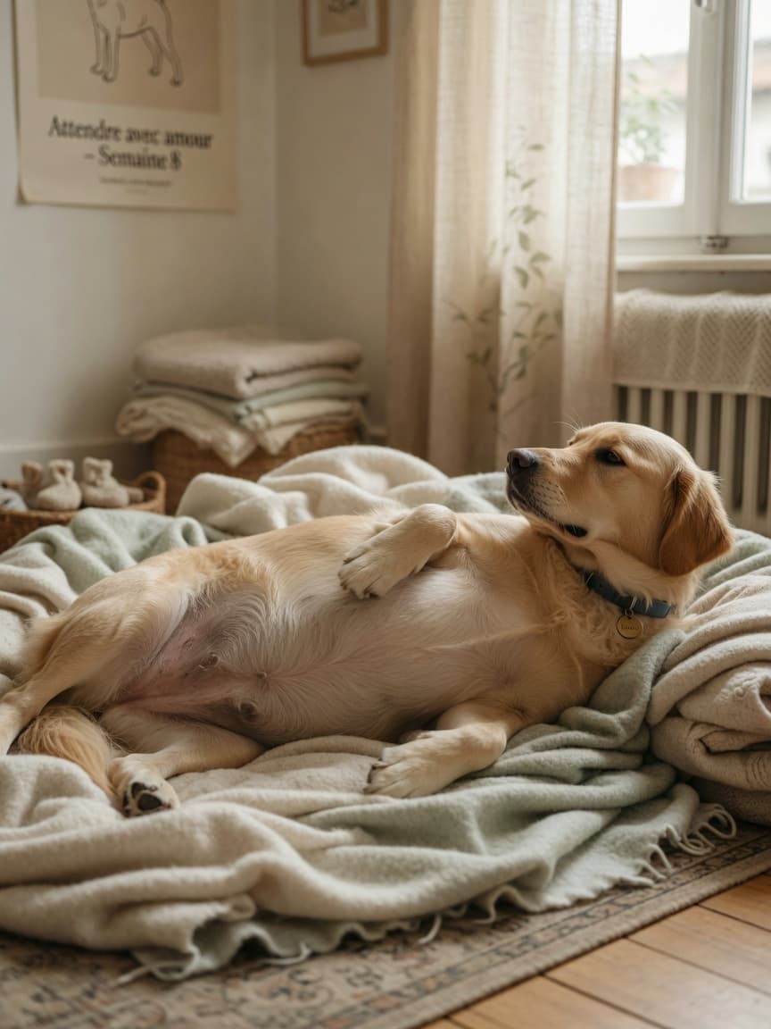 Pregnant dog resting on soft blankets with owner's hand gently placed on her enlarged belly, showing care during late pregnancy