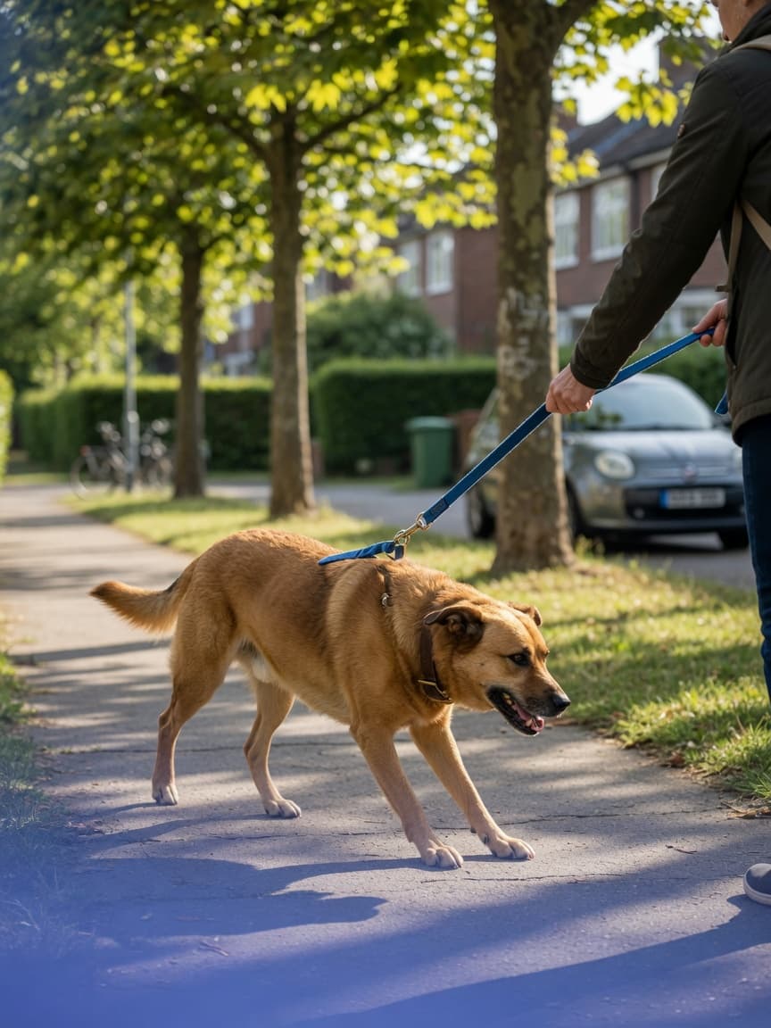 A dog pulling hard on its lead while walking on a suburban street, straining forward with owner holding back