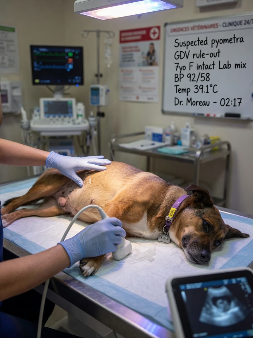A female dog on a vet examination table during an emergency ultrasound, appearing lethargic with a distended abdomen as the veterinarian palpates the area.
