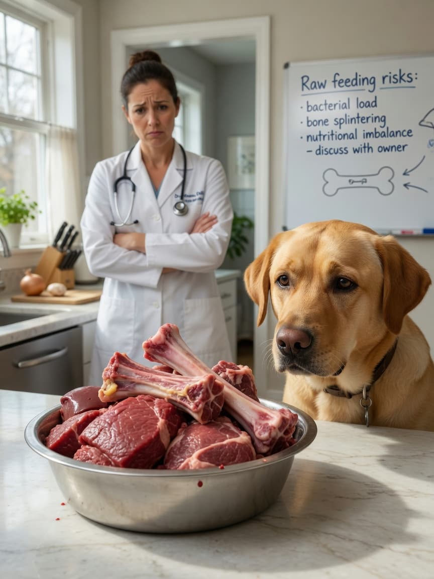 Raw dog food meal with chunks of meat and bones in a bowl, with a dog watching eagerly and a veterinarian visible in the background looking concerned