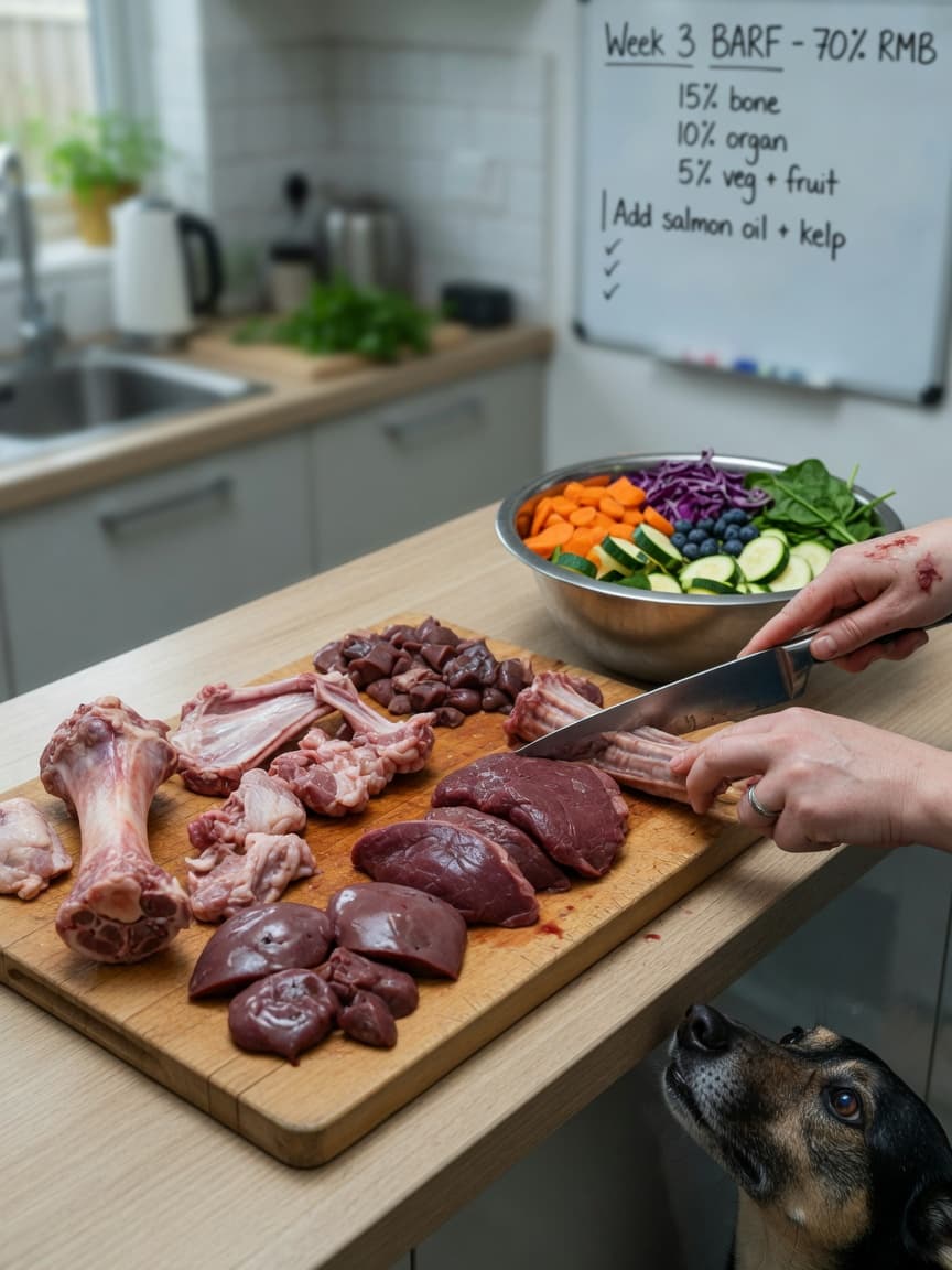 Raw dog food ingredients arranged on a kitchen counter with fresh meat, bones, organs and vegetables, with a dog eagerly watching from below.