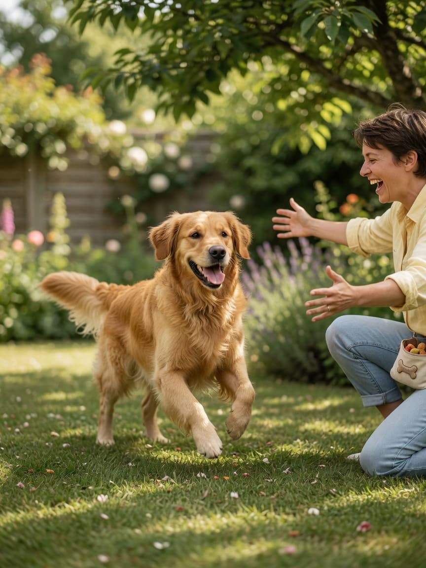 Golden Retriever running happily toward owner in a sunny garden during recall training practice