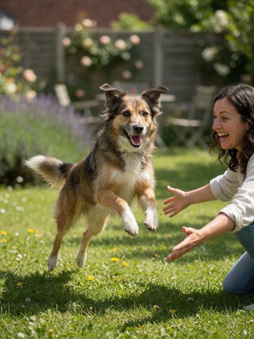 A dog sprinting toward their crouched owner with open arms in a sunny garden during recall training